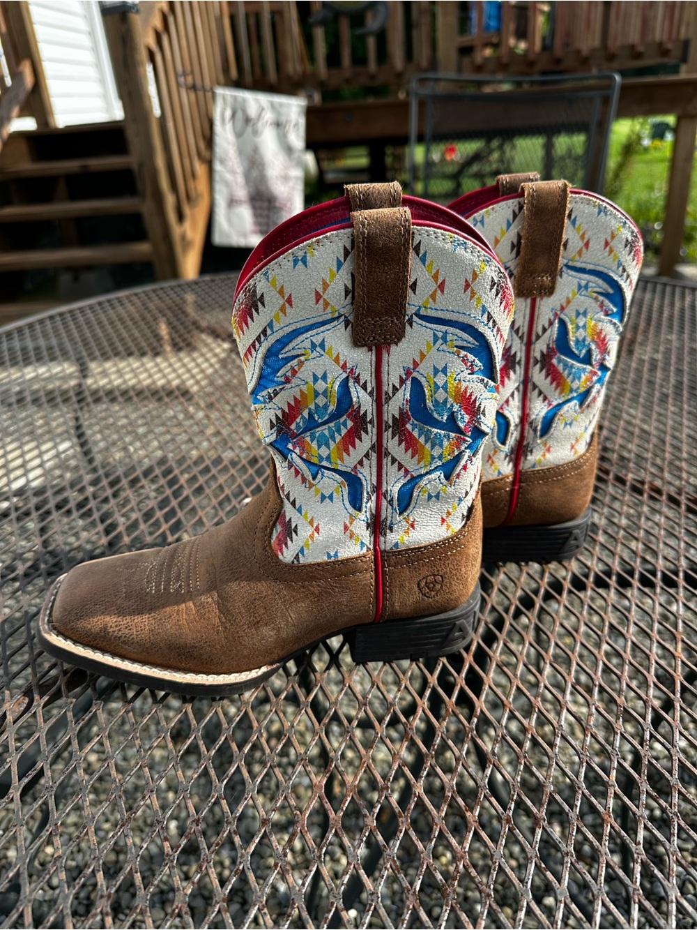 Ariat Brown & White Kids Western Boots with Blue Accent Embroidery